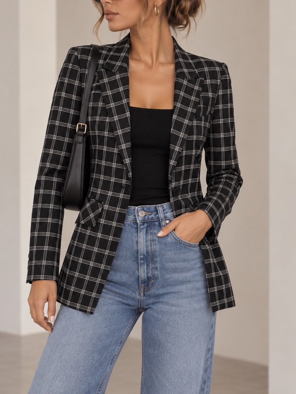 1.STATE Plaid Blazer Size 6 Black White Windowpane One Button Office Siren